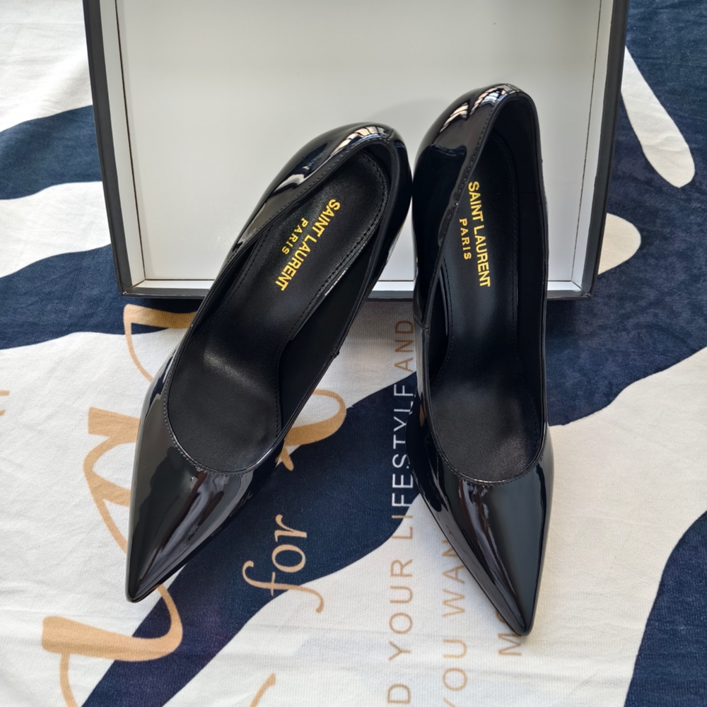 Saint Laurent Black Patent Pointed-Toe Heels with Gold YSL Logo Heel - Picture 7 of 12